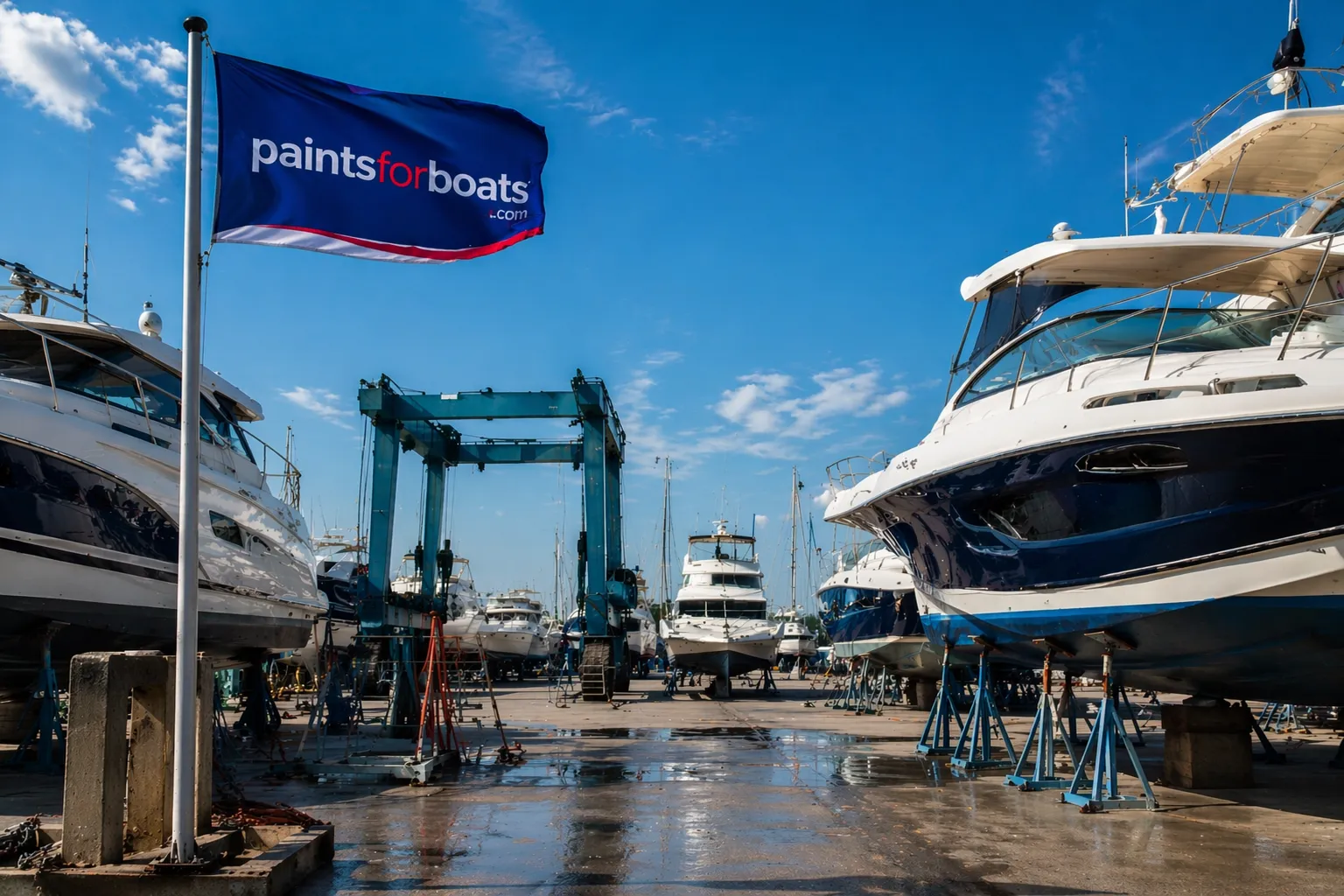 PaintsForBoats boatyard facility with industrial marine coatings and equipment